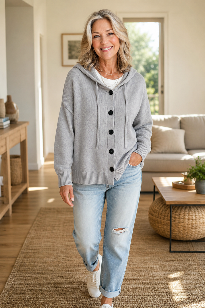 Rosalind hooded ribbed knit cardigan in gray, full-length front view with jeans