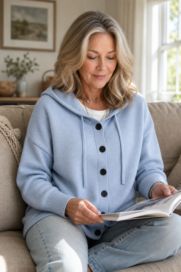 Rosalind hooded ribbed knit cardigan, styled outdoors with hood pulled up
