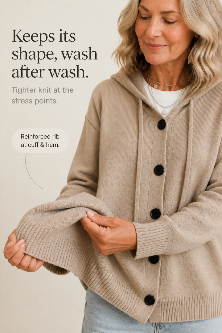 Rosalind hooded ribbed knit cardigan, styled outdoors with hood pulled up