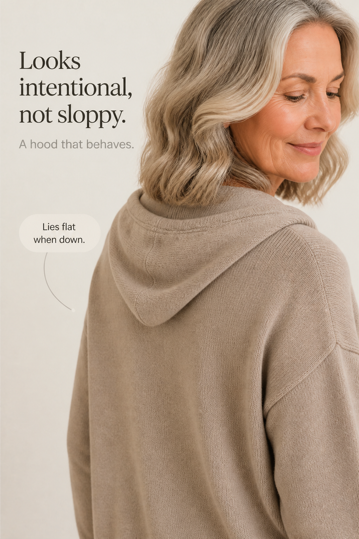 Rosalind hooded ribbed knit cardigan, styled outdoors with hood pulled up