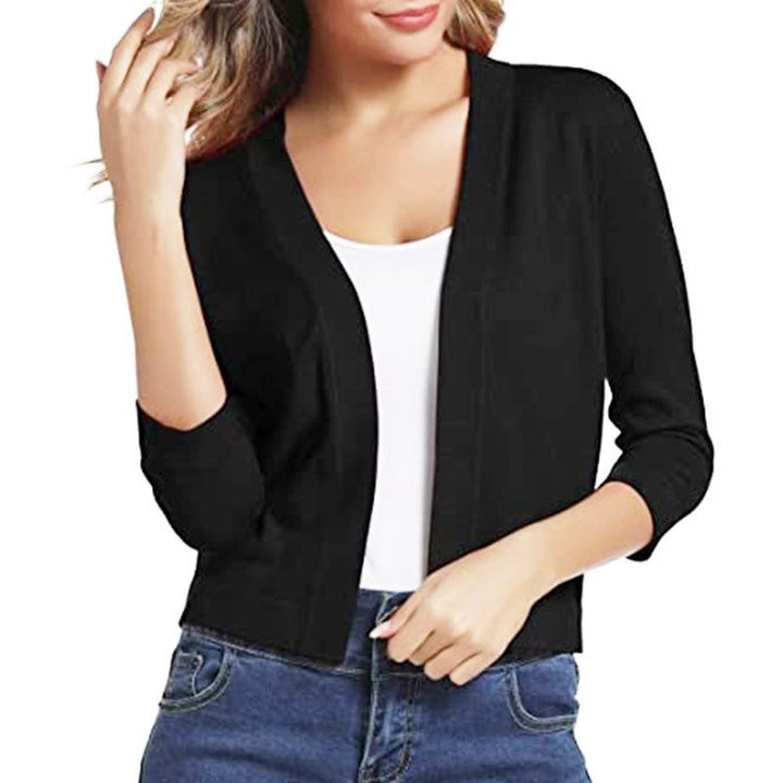 Rosalind open front cropped cardigan in black, front view