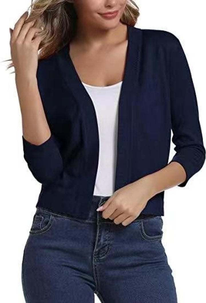 Rosalind open front cropped cardigan in navy, front view