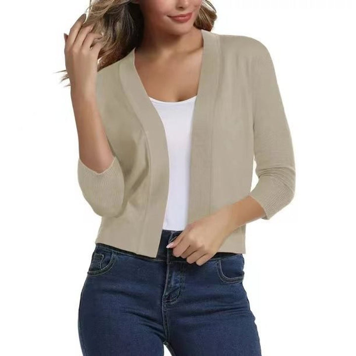 Rosalind open front cropped cardigan in beige, front view