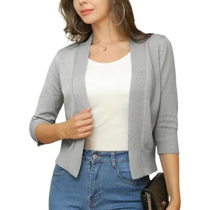 Rosalind open front cropped cardigan in gray, front view