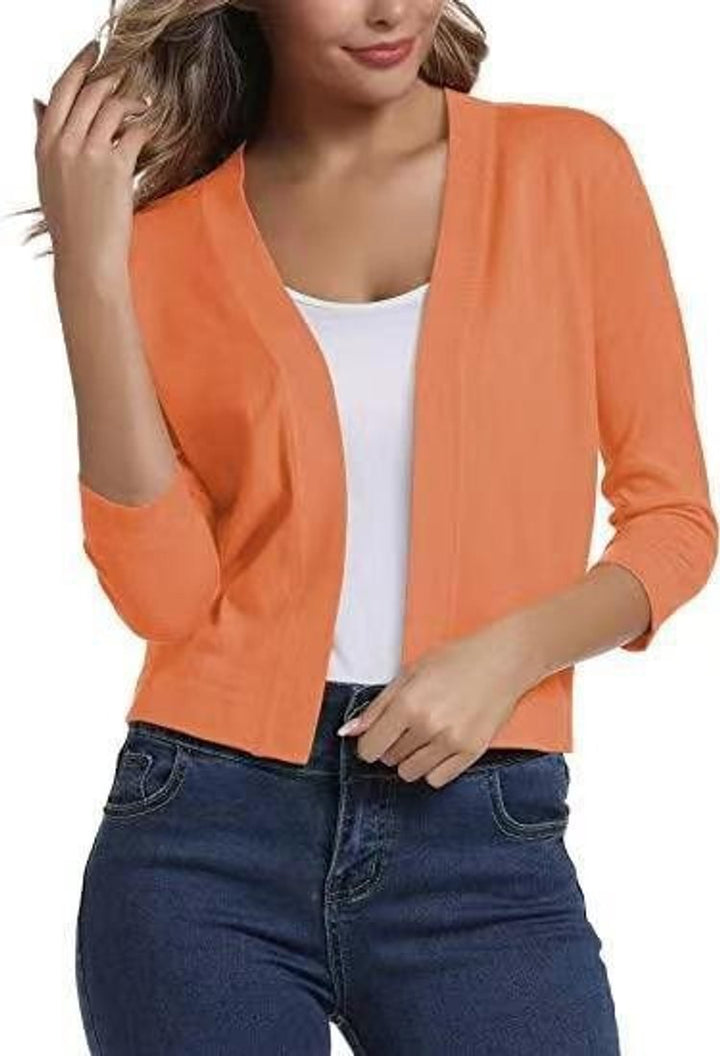 Rosalind open front cropped cardigan in orange, front view
