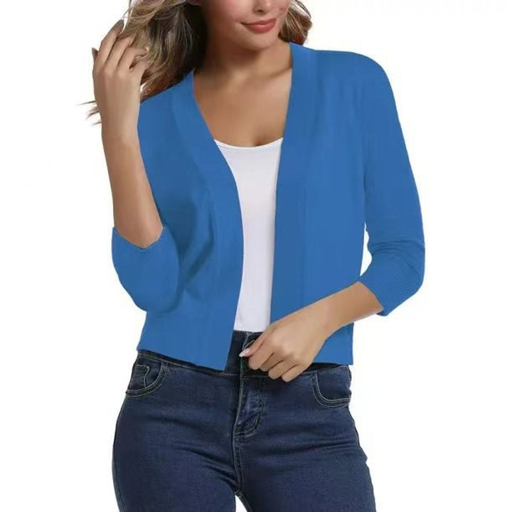 Rosalind open front cropped cardigan in blue, front view