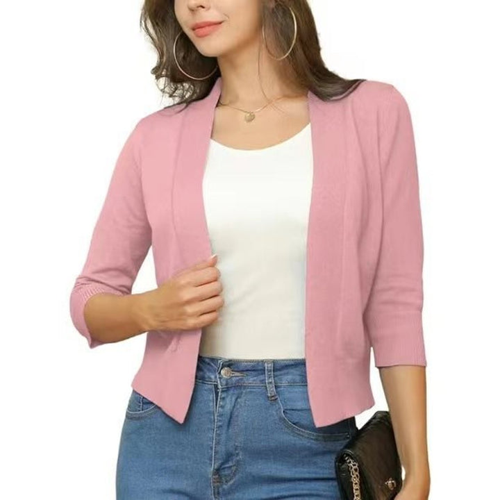Rosalind open front cropped cardigan in pink, front view