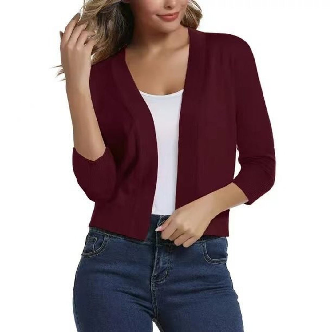 Rosalind open front cropped cardigan in burgundy, front view