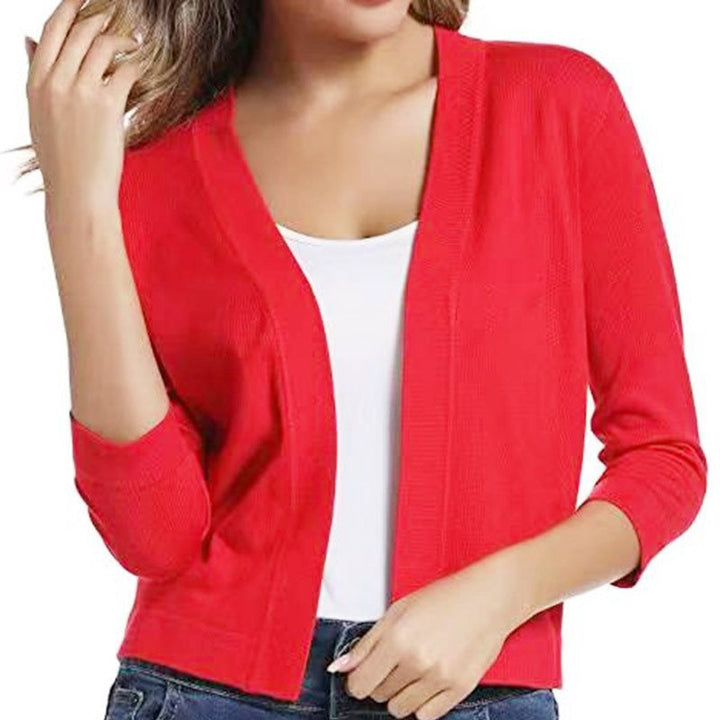 Rosalind open front cropped cardigan in red, front view