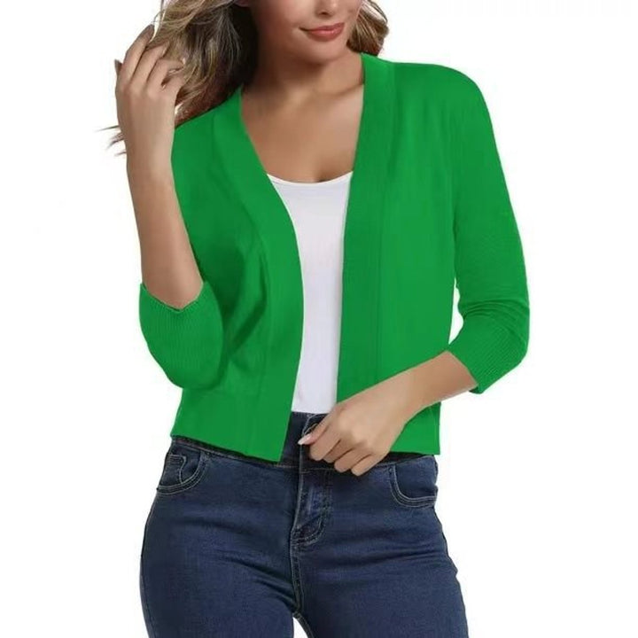 Rosalind open front cropped cardigan in green, front view