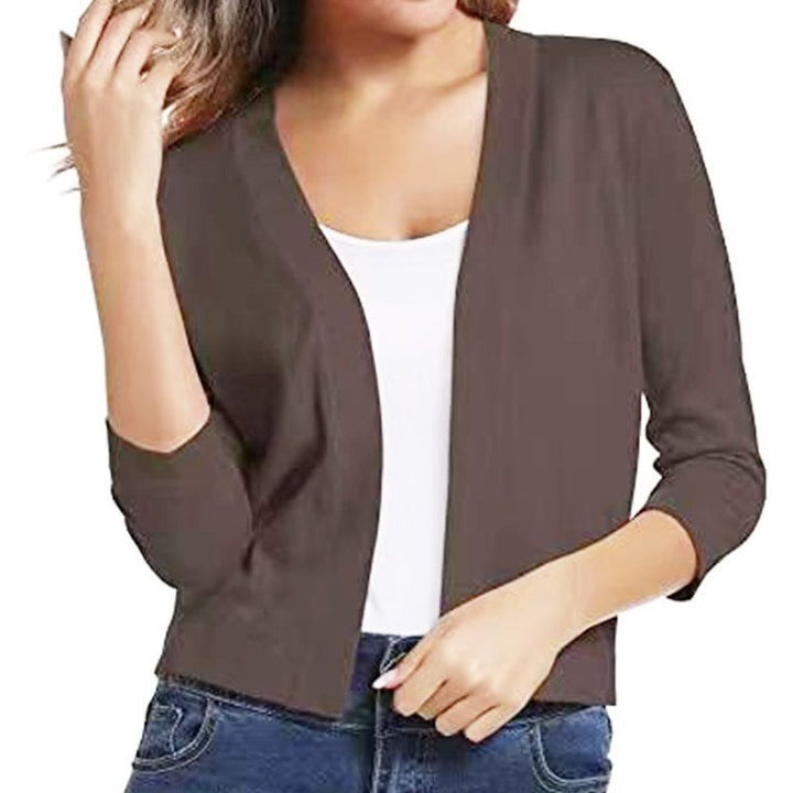 Rosalind open front cropped cardigan in brown, close front view