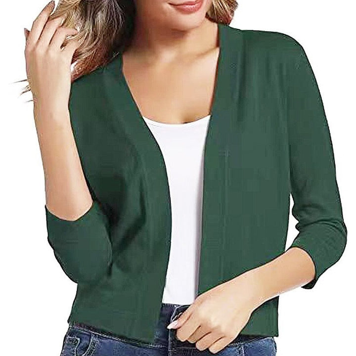 Rosalind open front cropped cardigan in dark green, close front view