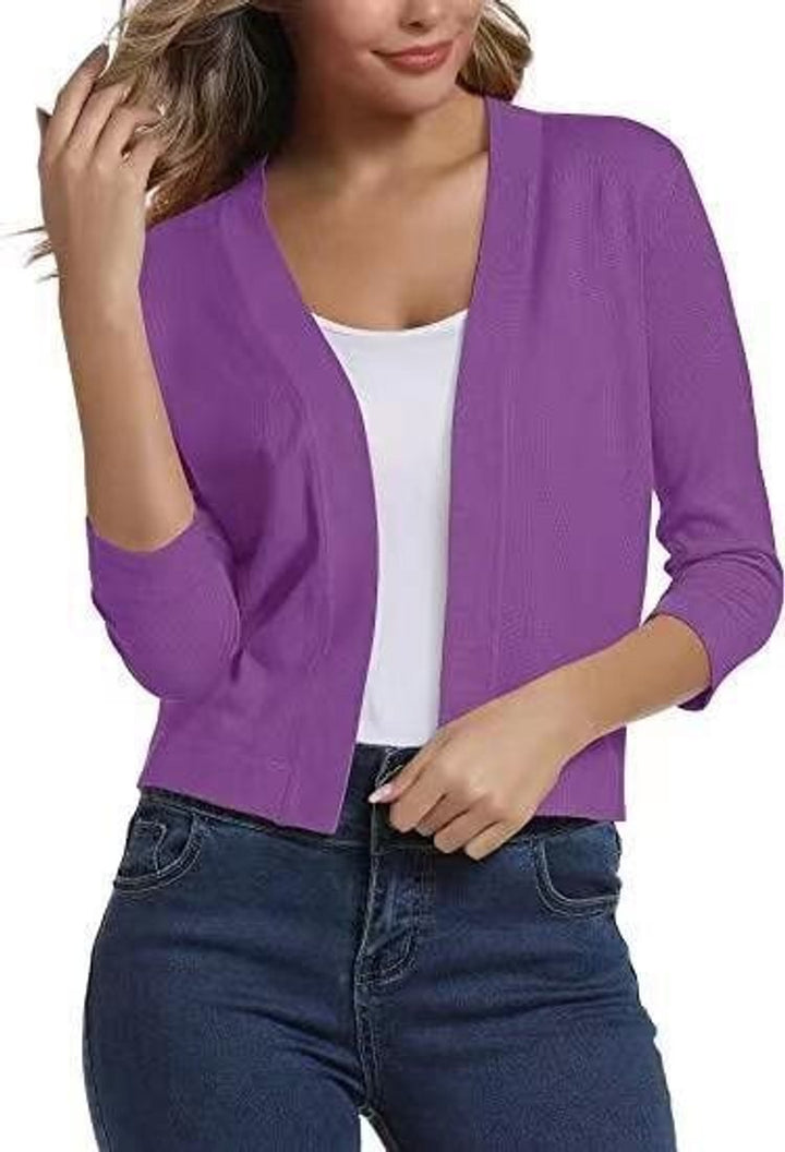 Rosalind open front cropped cardigan in purple, front view