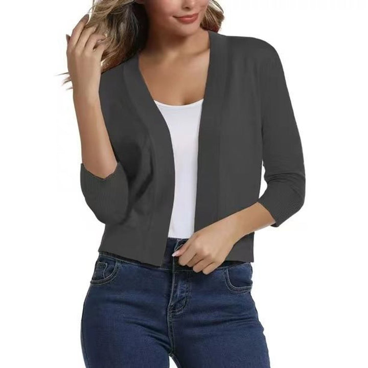 Rosalind open front cropped cardigan in charcoal gray, front view