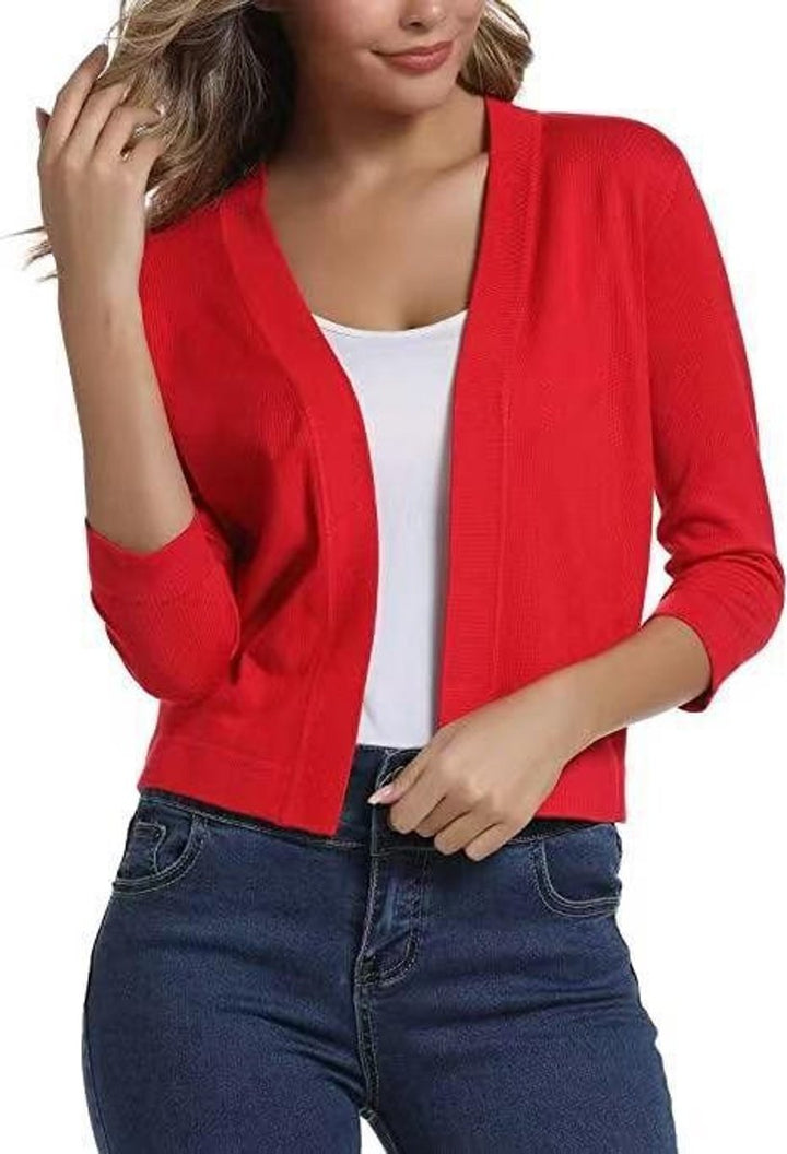 Rosalind open front cropped cardigan in red, close front view