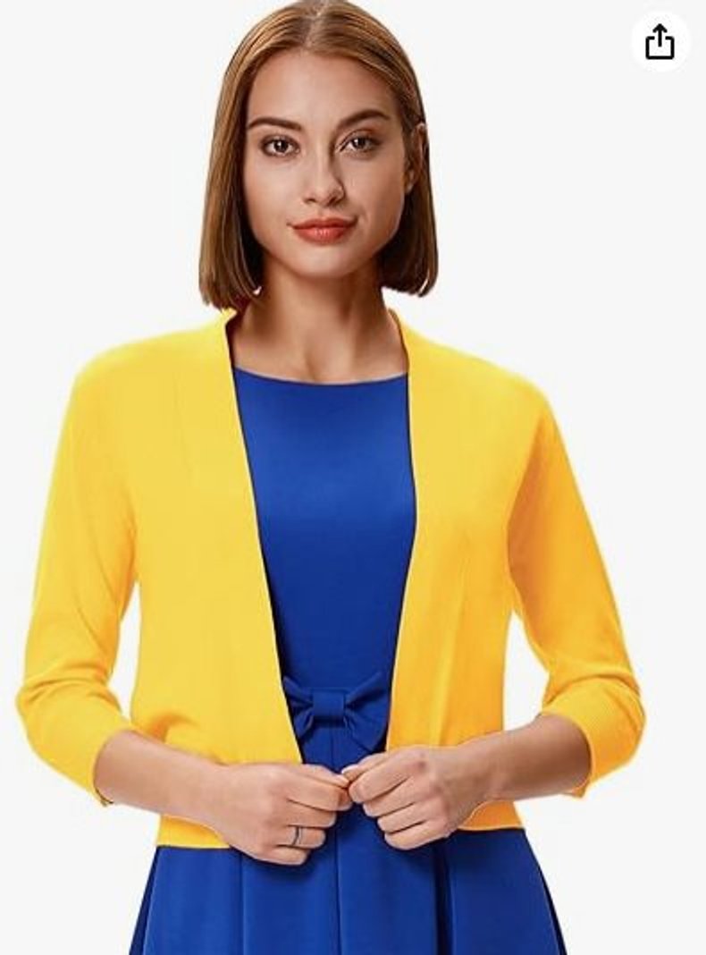Rosalind open front cropped cardigan in yellow, styled with blue dress