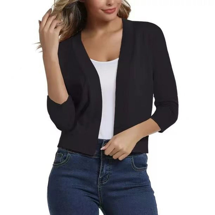 Rosalind open front cropped cardigan in black, close front view