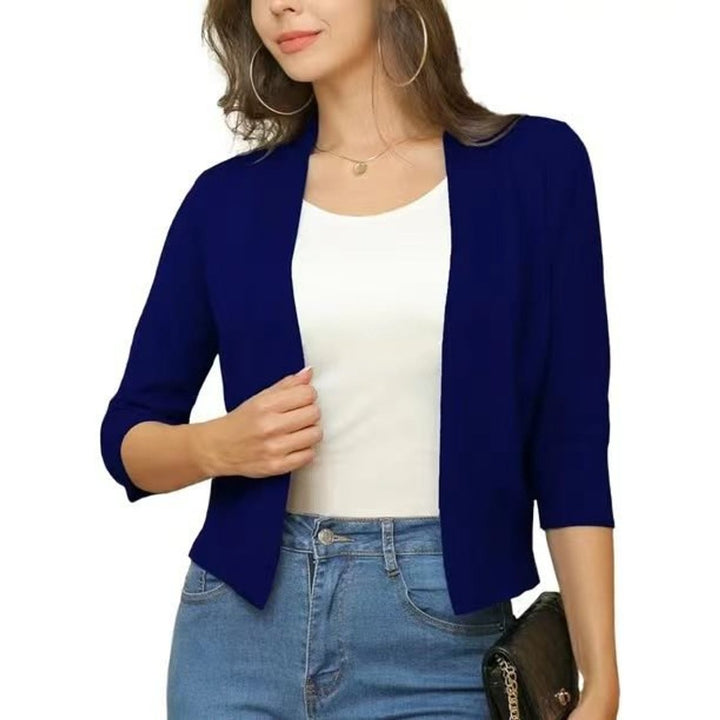 Rosalind open front cropped cardigan in navy blue, front view