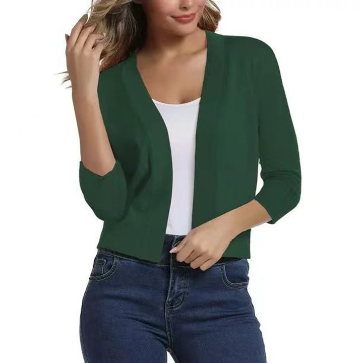 Rosalind open front cropped cardigan in dark green, front view