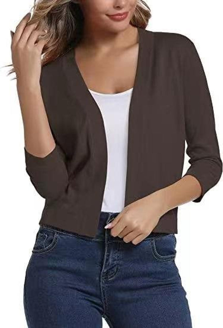 Rosalind open front cropped cardigan in brown, front view