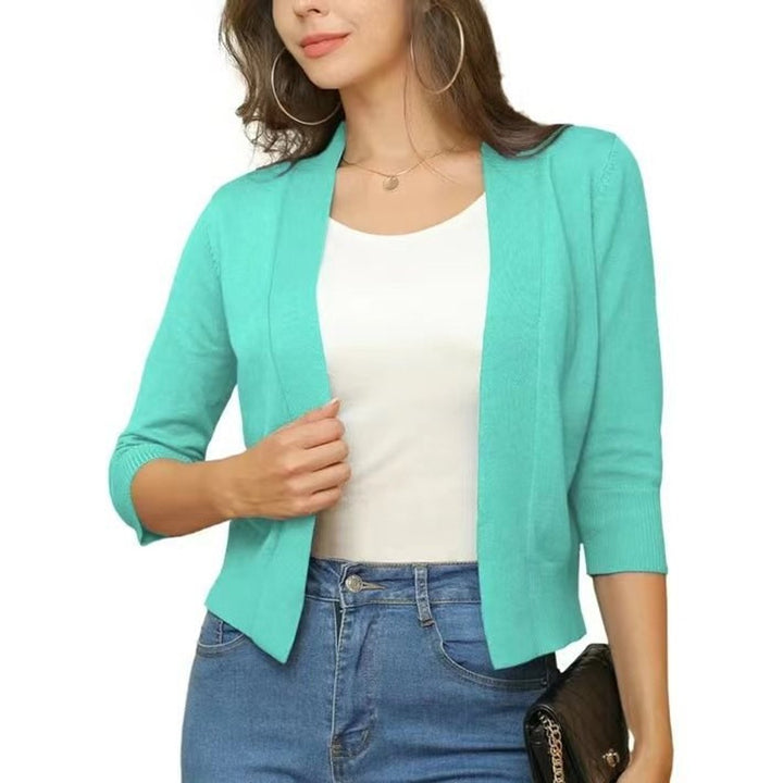 Rosalind open front cropped cardigan in teal, front view