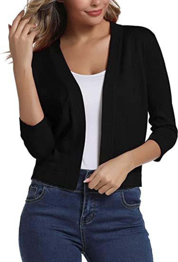 Rosalind open front cropped cardigan in black, front view