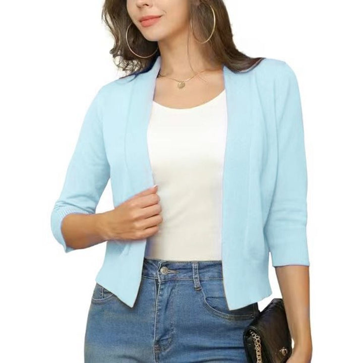 Rosalind open front cropped cardigan in light blue, front view