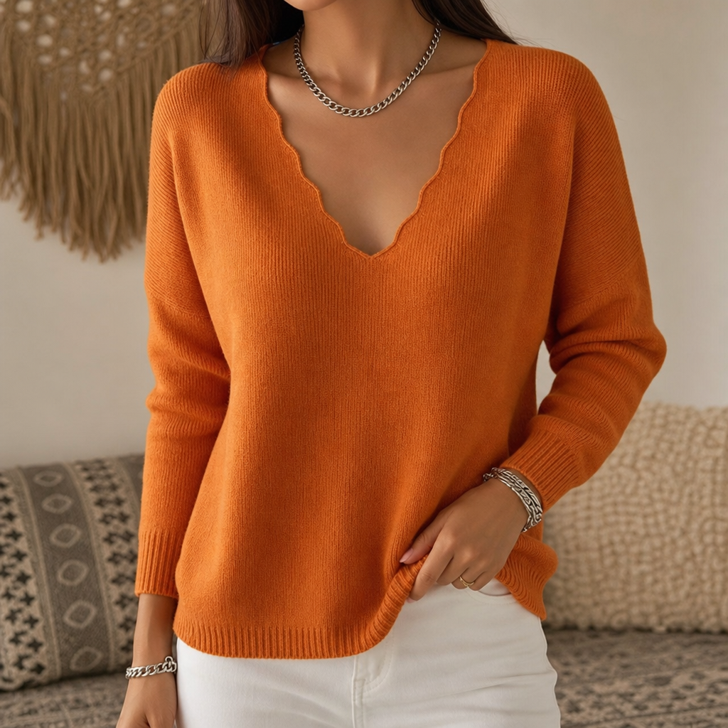 Rosalind scalloped V-neck knit sweater, close-up front view