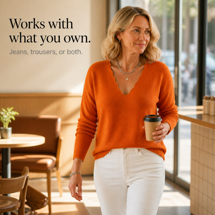 Rosalind scalloped V-neck knit sweater, bedroom styling shot