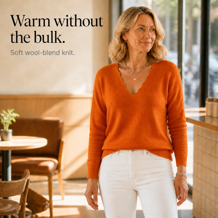 Rosalind scalloped V-neck knit sweater, bedroom styling shot