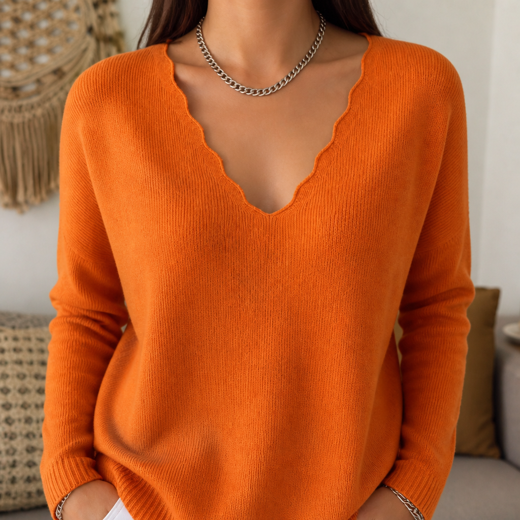 Rosalind scalloped V-neck knit sweater, bedroom styling shot
