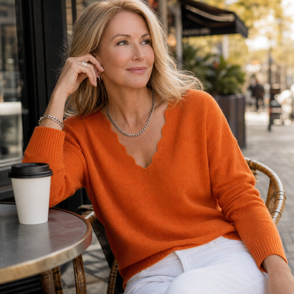 Rosalind scalloped V-neck knit sweater, bedroom styling shot