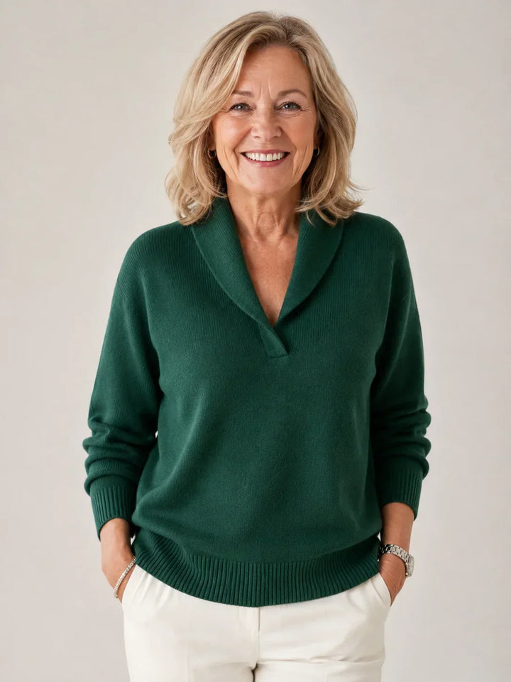 Rosalind shawl collar V-neck sweater in green, front view on older model