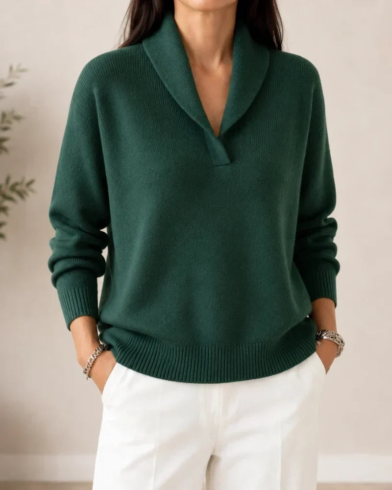 Rosalind shawl collar V-neck sweater in green, close-up front view