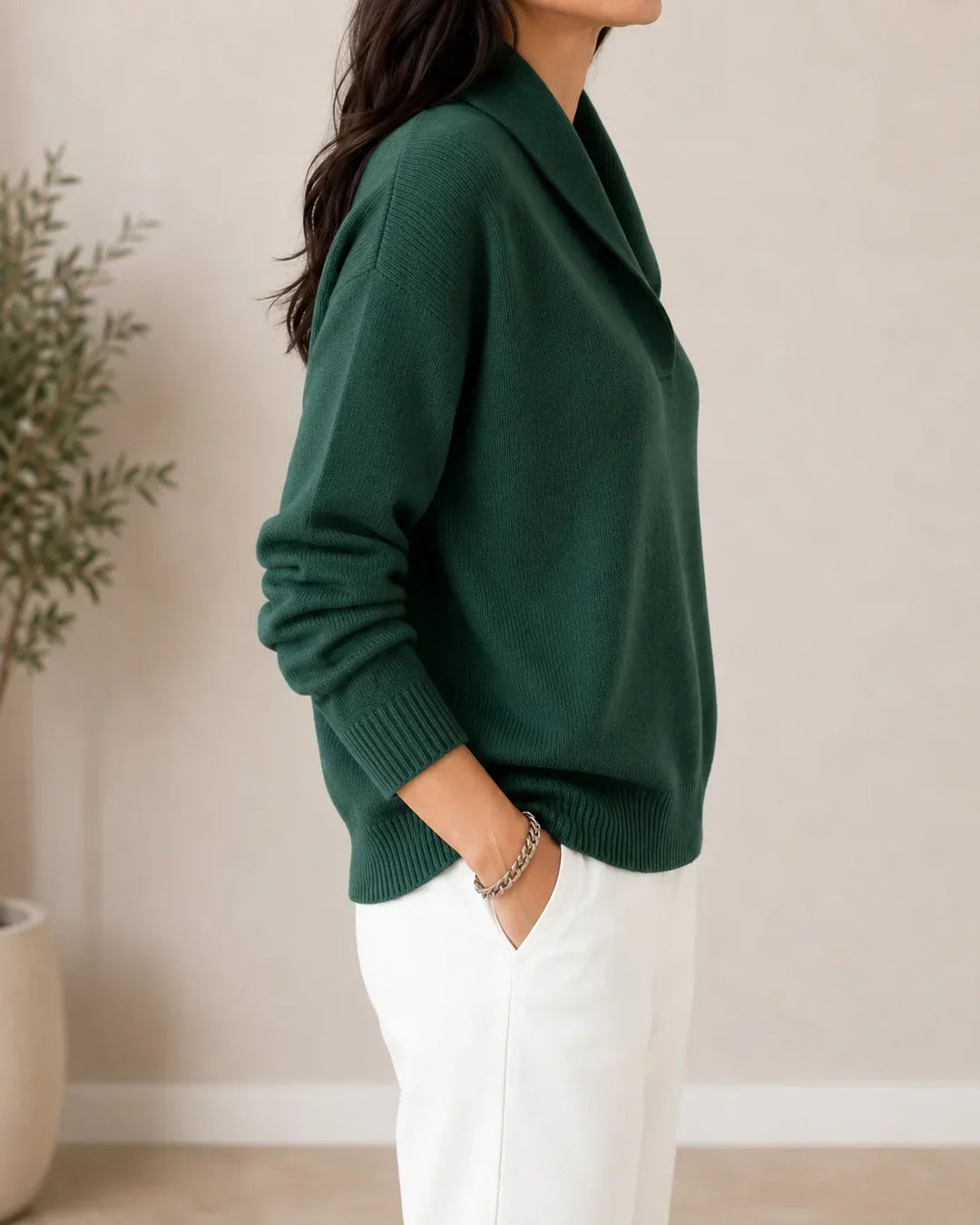 Rosalind shawl collar sweater in green, side profile view