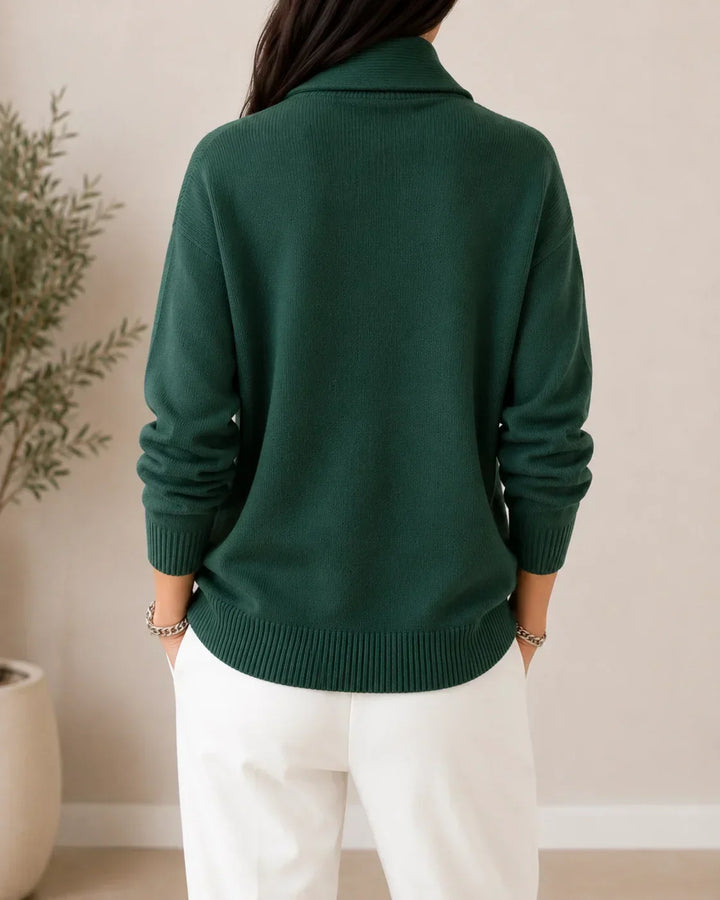 Rosalind shawl collar sweater in green, back view