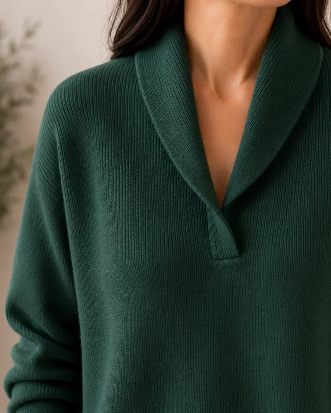 Rosalind shawl collar sweater in green, back view