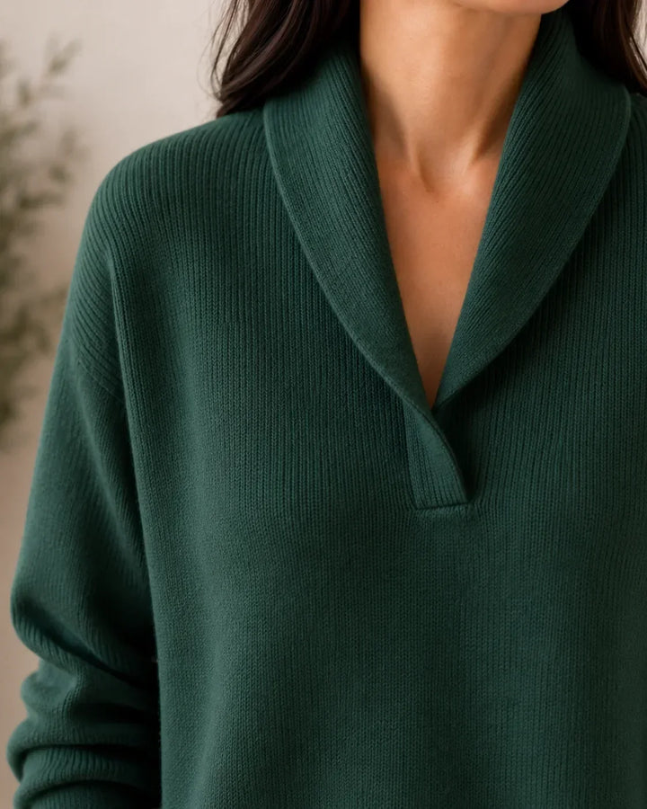 Rosalind shawl collar sweater in green, back view
