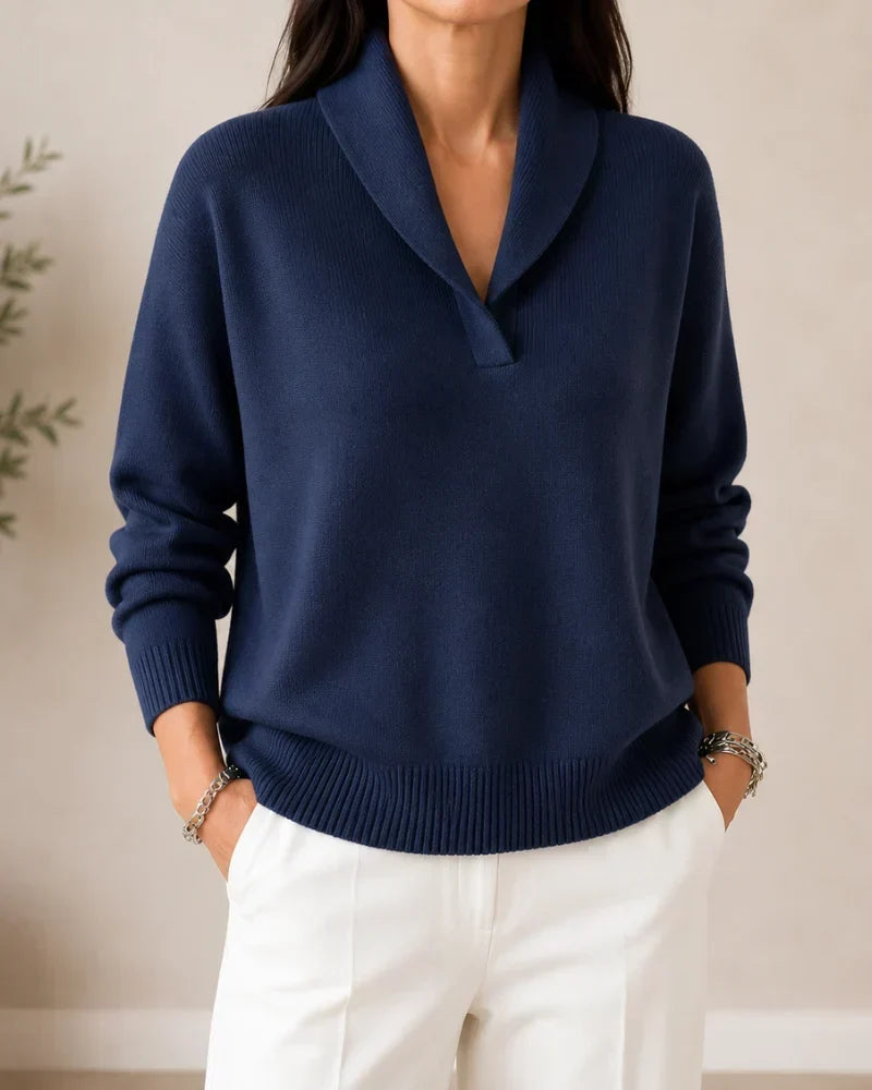 Rosalind shawl collar sweater in green, back view