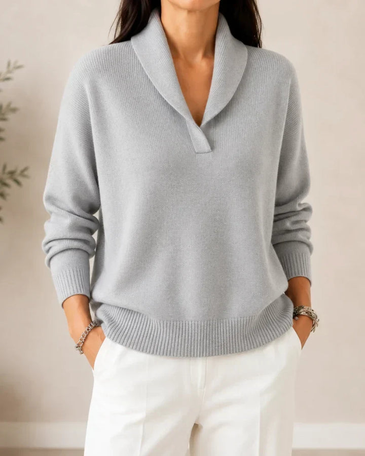 Rosalind shawl collar sweater in green, back view