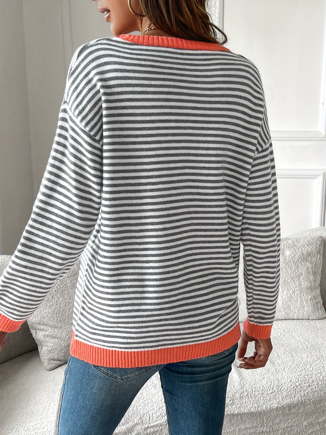Rosamund striped sweater, back view showing contrast hem and cuffs