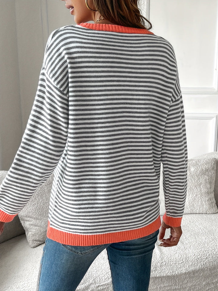 Rosamund striped sweater, back view showing contrast hem and cuffs