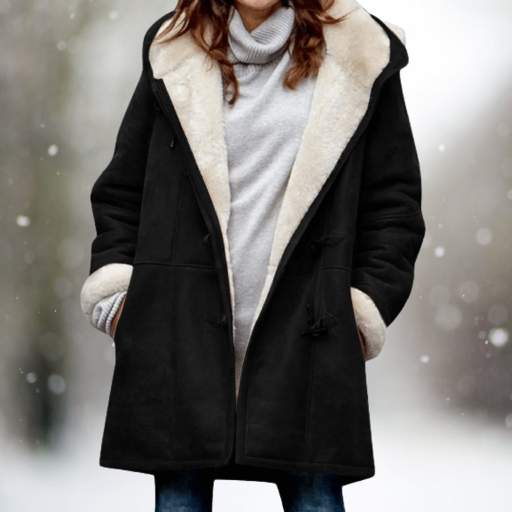 Rosemarie hooded faux shearling winter coat in black, front view