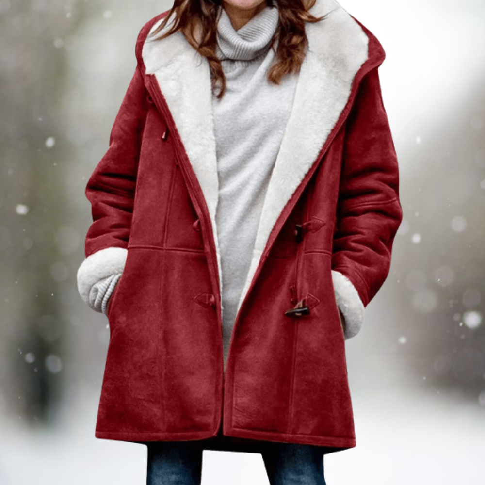 Rosemarie hooded faux shearling winter coat in wine red, front view