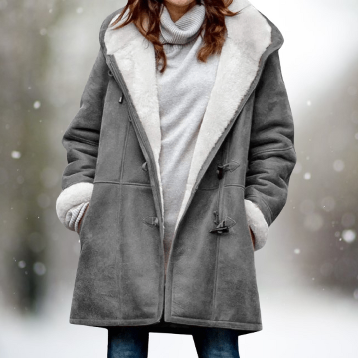 Rosemarie hooded faux shearling winter coat in gray, front view