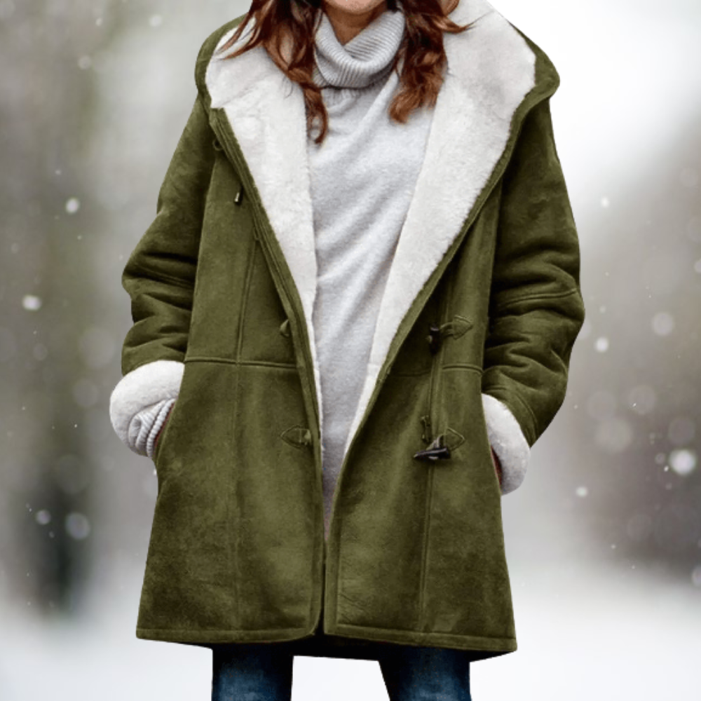Rosemarie hooded faux shearling winter coat in green, front view