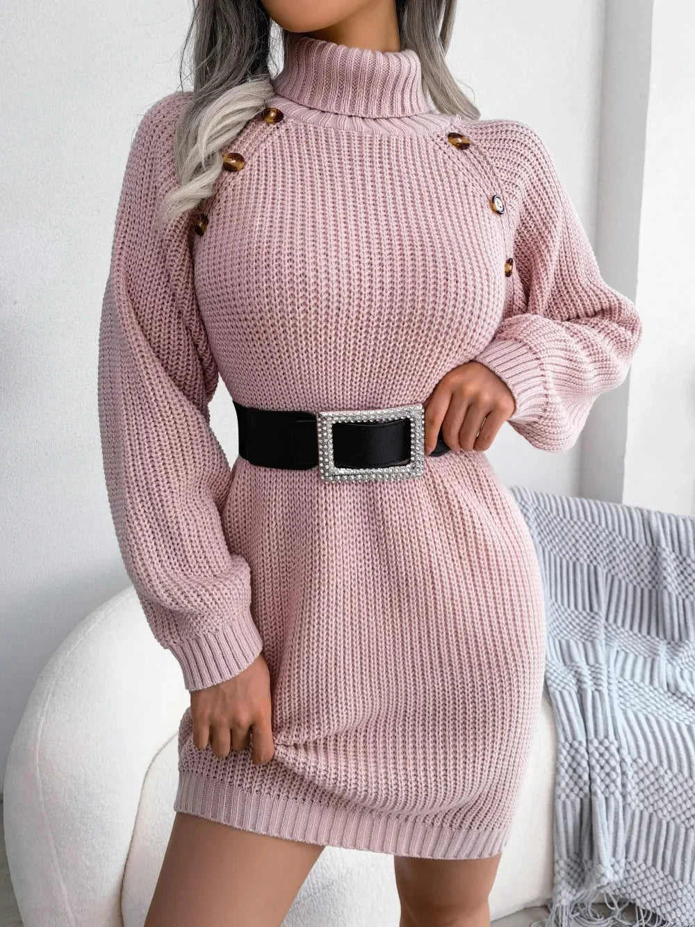Sabine pink chunky knit sweater dress with belt, close-up view