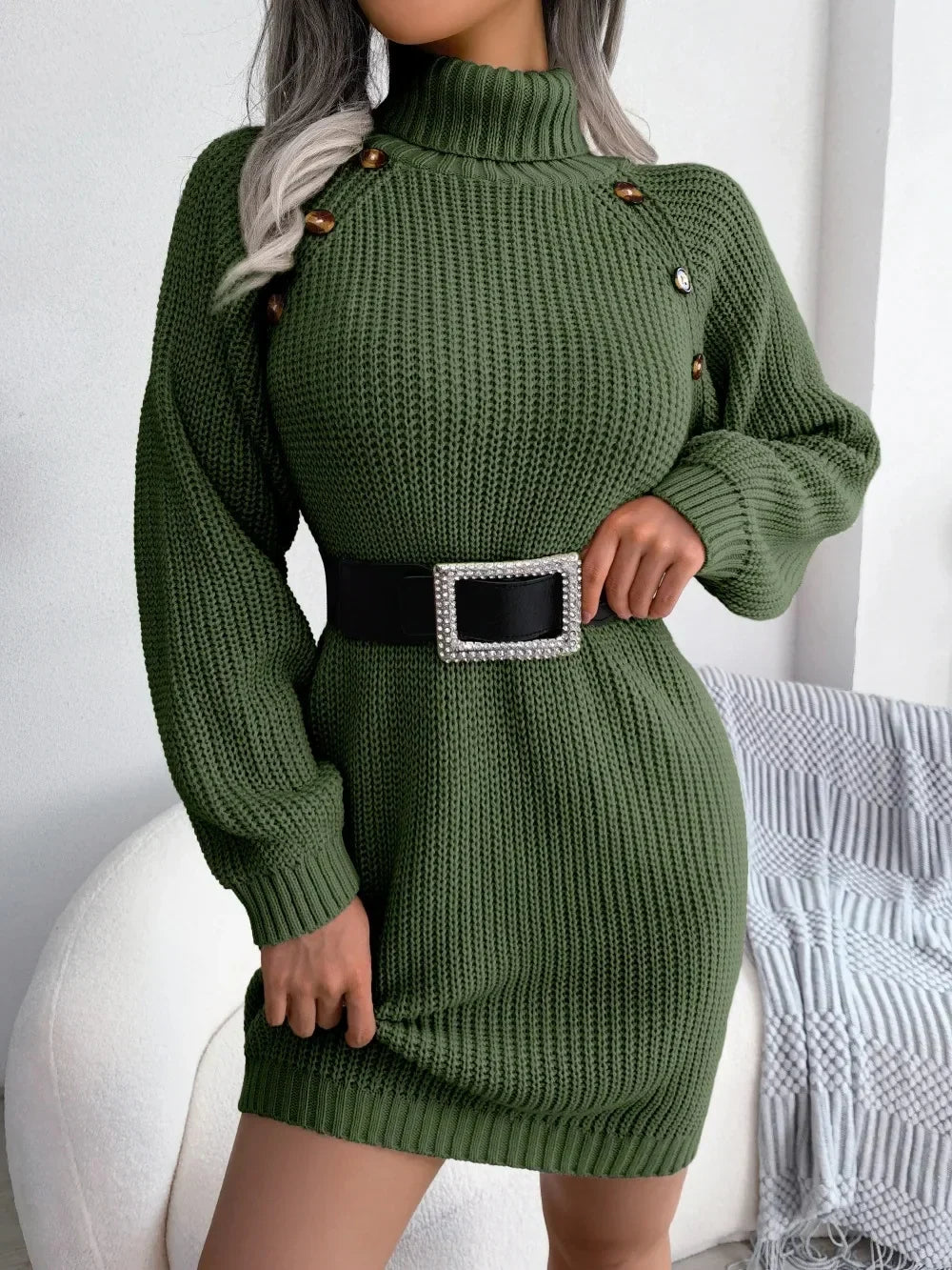 Sabine green chunky knit turtleneck sweater dress with belt