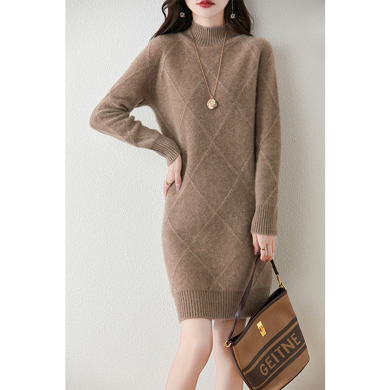 Seraphine diamond knit mock neck sweater dress in brown, front view with tote bag