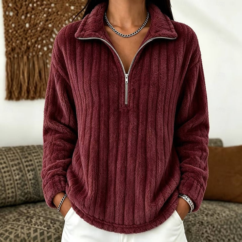 Seraphine quarter-zip ribbed pullover sweater in red, front view
